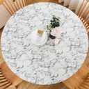 LIBERECOO Round Vinyl Fitted Tablecloth with Flannel Backing Elastic Edge Table Cover Waterproof Stain-Resistant Wipeable Tablcloths Fits Round Tables (White Marble)