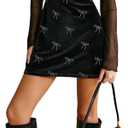 Women's Velvet Crewneck Mesh Long Sleeve Bodycon Mini Party Dress (Black, L)