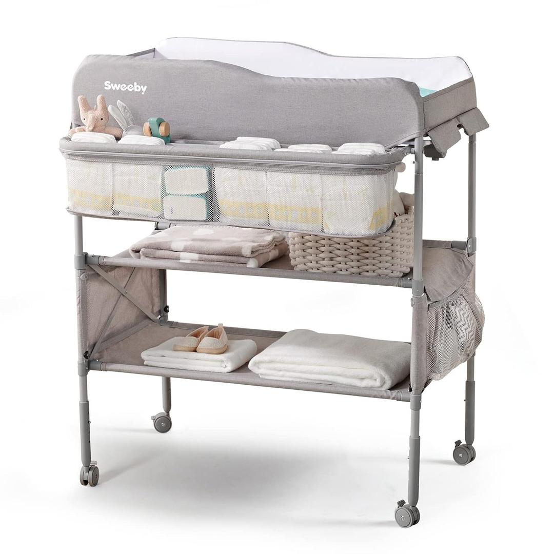 Sweeby Portable Baby Changing Table, Foldable Diaper Changing Station with Waterproof Pad, Mobile Nursery Organizer for Infant & Newborn Essentials, Grey