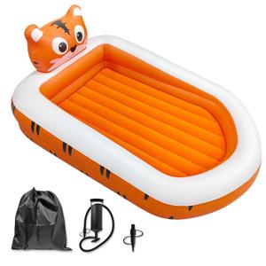 Inflatable Toddler Travel Bed Equipped with Pump and Handbag (Tiger) | Kids Air Mattress with Soft Cotton Sheets and 4 Sided Safety Railing Bumper for Portable Camping, Travel, and Home Use