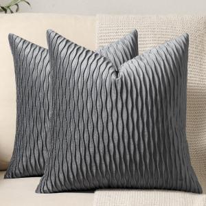 Grey Striped Decorative Pillow Cases: 2 Pack 16x16 Inch Original Velvet Square Throw Pillow Covers for Farmhouse Couch