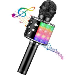 4 in 1 Karaoke Wireless Microphone with LED Lights, Portable Microphone for Kids, Great Gifts Toys for Kids, Girls, Boys and Adults (Black)