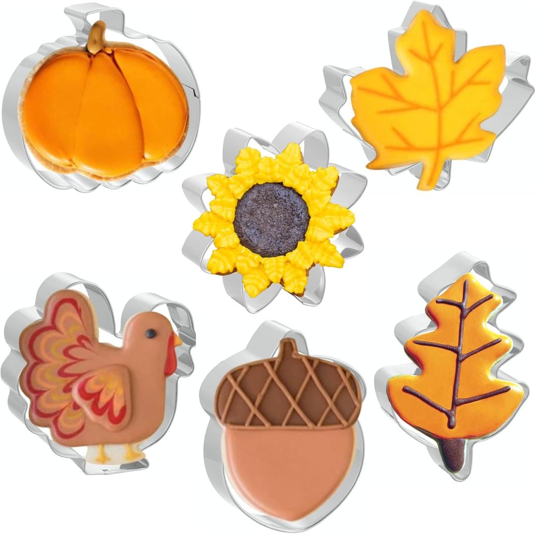 Fall Thanksgiving Cookie Cutters 6 PCS, 3'' to 3.5'', Pumpkin, Leaf, Turkey, Acorn, Sunflower