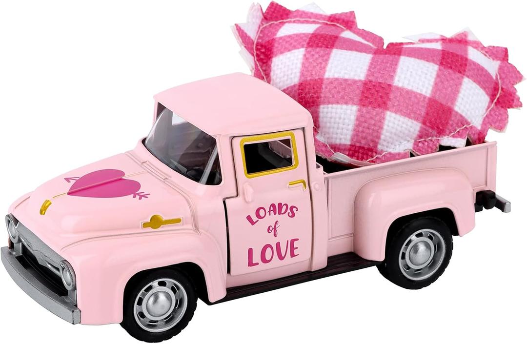 Valentines Day Metal Truck with Hearts Pink Truck Vintage Love Romantic Tiered Tray Decor for Farmhouse Metal Outdoor/Indoor Pickup Planter Car Model Valentines Day Table Top Centerpiece Supplies