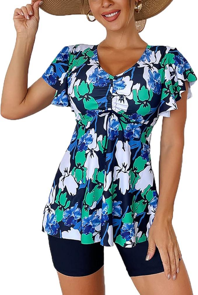 Fanuerg Women's Tankini Swimsuits Ruffled Flowy Tankini Tops with Boy Shorts Swimwear Tummy Control Two Piece Bathing Suits Green Floral Print XXL