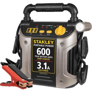 Stanley J309 Portable Power Station Jump Starter 600 Peak Amp Battery Booster, 3.1A USB Ports, Battery Clamps