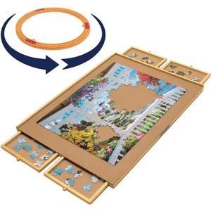 Bits and Pieces Rotating Puzzle Board with Drawers 1500 Piece Jigsaw Puzzle Table Organizer with Lazy Susan Spinner The Original Premium Wooden Puzzle Board for Adults, Portable & Durable Design, 35" x 26" - 1500 Piece