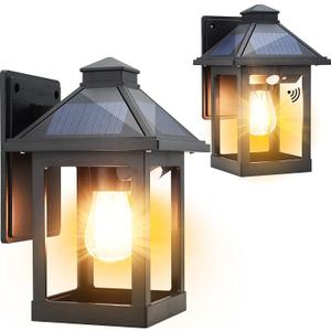 CYHKEE 2 Pack Solar Wall Lanterns Outdoor with 3 Modes, Dusk to Dawn Motion Sensor LED Sconce Lights IP65 Waterproof, Exterior Front Porch Security Lamps Wall Mount Patio Fence Garage Decorative