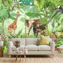 -Green Rainforest Plants Animals Tiger Cloth Wallpaper Jungle Plants Banana Leaves Boys Girls Kindergarten Children's Room Large Mural- 183"x120"（ not Peel and Stick）
