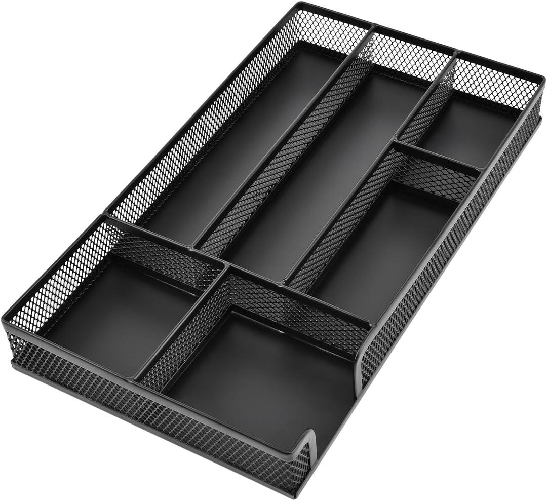 Desk Drawer Organizer, Office Metal Mesh Drawer Divider Organizer Tray with 6 Compartments, Pen Organizer for Desk Drawers Tray Desktop Accessories(COLOR:Black)