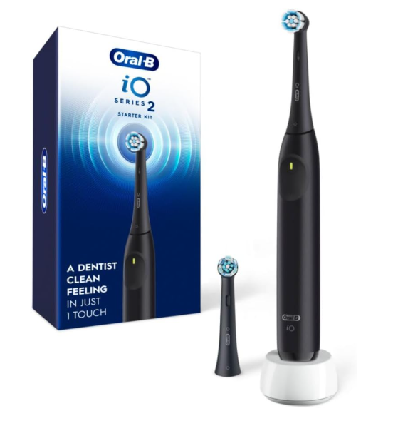OralB Rechargeable Electric Toothbrush, iO2 Starter Kit, 3 Cleaning Modes, Automatic Pressure Sensor to Protect Gums, 2 Brush Heads, Night Black