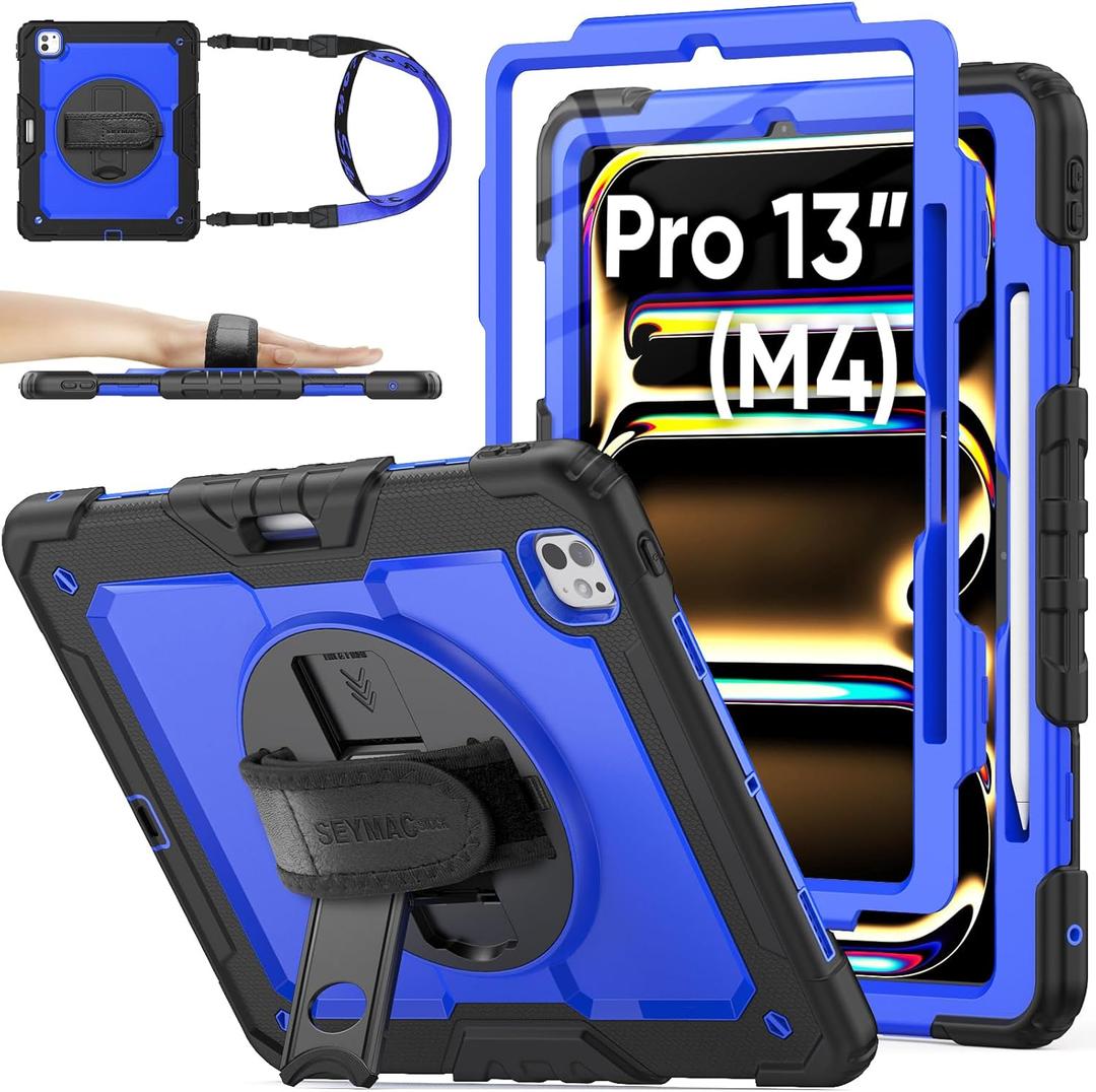 SEYMAC stock for iPad Pro 13 inch Protective Case M5 2025/M4 2024, Heavy Duty Case with Screen Protector, Pencil Holder, Rotating Stand, Hand Strap, Shoulder Strap, Blue