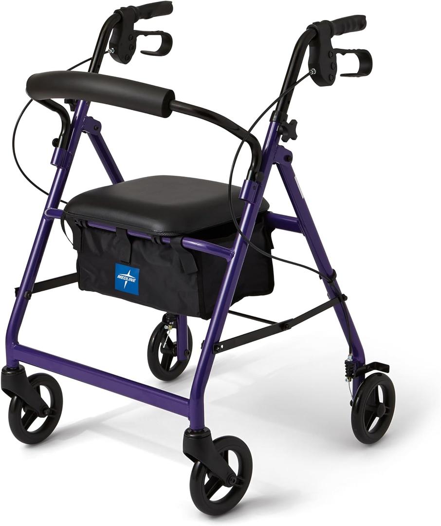 Medline Aluminum Rollator Walker with Seat, Purple, 250 lb. Weight Capacity, Lightweight, 6 Wheels, Foldable, Adjustable Handles, Rolling Walker for Seniors