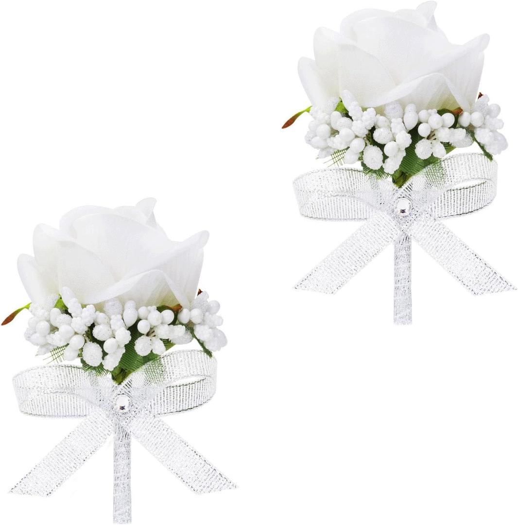 White Rose Boutonniere for Men, Set of 2, Groom and Best Man Artificial Boutonnieres, for Wedding Anniversary Ceremony Dinner Prom Party Flower Decorations