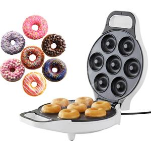 Mini Donut Maker, Durable, Nonstick Easy to Use Mini Baking Machine - Cooks 7 Mini Doughnuts at a Time - Glazed, Frosted with Sprinkles, Nuts, or Vegan Donuts, & More (White)