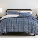 SLEEPBELLA Navy and White Duvet Cover Set, 100% Cotton Bedding, Chevron Geometric Pattern, with Button Closure (3pcs, Queen Size)