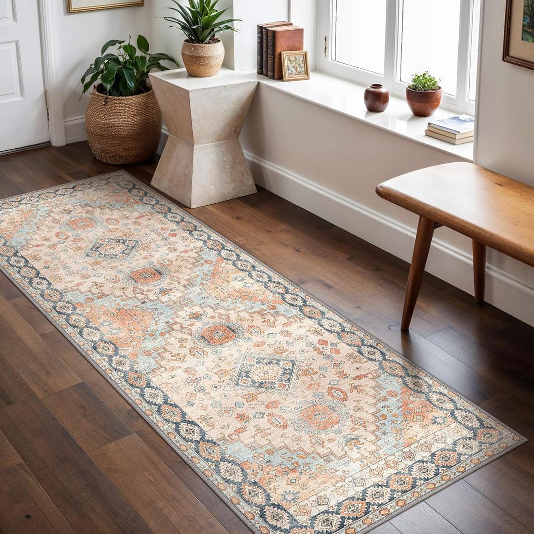 GENIMO 2x5 Washable Runner Rug for Hallway, Vintage Non Slip Low Pile Carpet, Soft Lightweight Printed Rug for Entryway, Kitchen, Corridor & Home Office, Peach Blossom