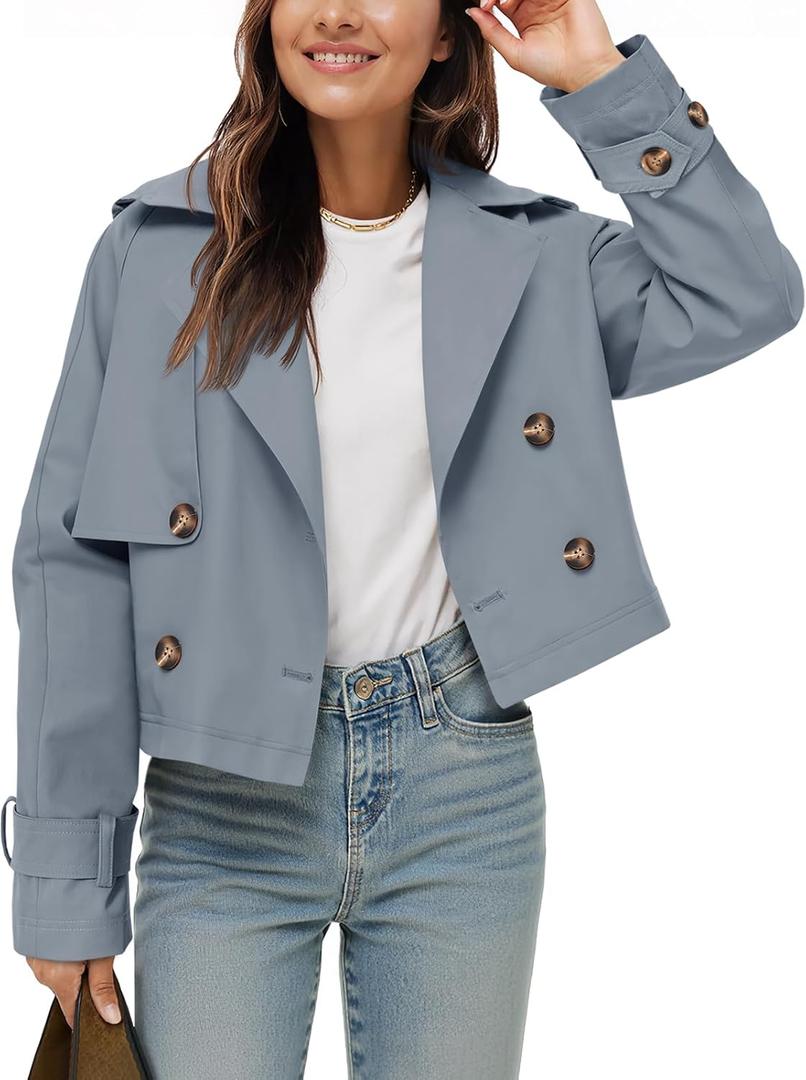 Tankaneo Womens Cropped Trench Coat Lapel Double Breasted Short Jacket Outwear (Medium, Grey Blue)