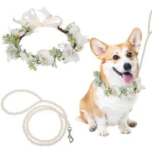Dog Wedding Flower Collar with Pearls Beaded Leash,Elegant Dog Flower Headband,Dog Wedding Attire Wreath Bow,Pet Photo Prop (Medium)