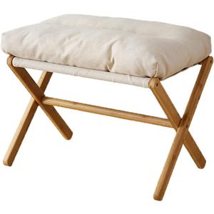 Folding Upholstered Footrest Stool, Small Accent Ottoman with Thick Cotton Cushion & Bamboo X Legs, Modern Padded Sofa Stool for Makeup Bedroom Living Room (Beige)