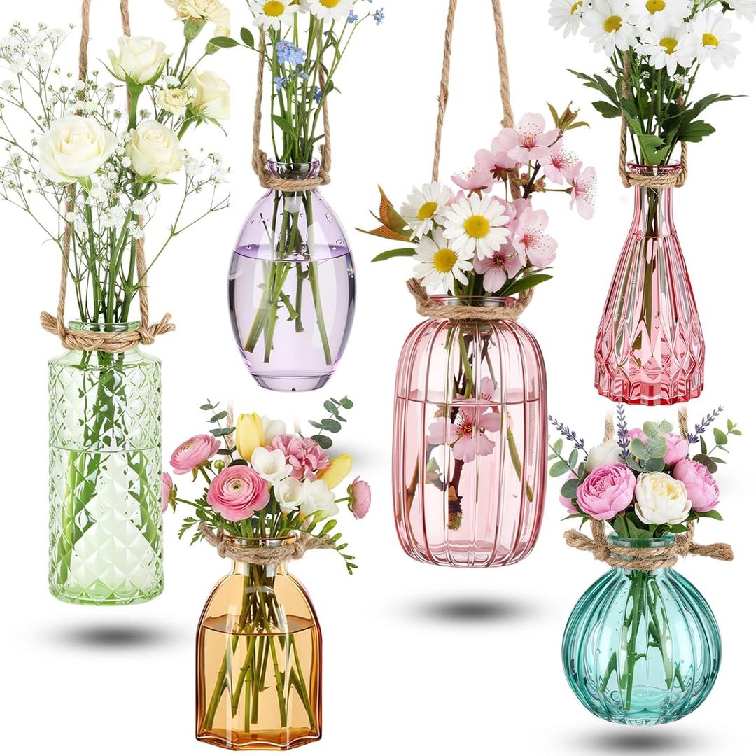 6 Pcs Stained Glass Hanging Vases Colorful Glass Terrariums with Rope Small Hanging Planters Pot Containers for Air Plants Flowers Garden Home Wedding Decor(Colorful Series)