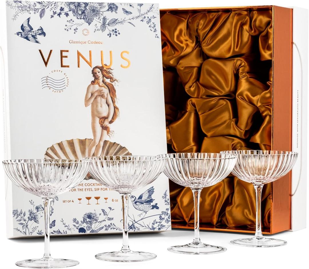 Venus Seashell Coupe Cocktail Glasses | Set of 4 | 8 oz Crystal Ribbed Champagne Saucers for Drinking P-Star and Espresso Martini, Margarita, Daiquiri, Cosmopolitan, Gimlet | Elegant Gift Glassware