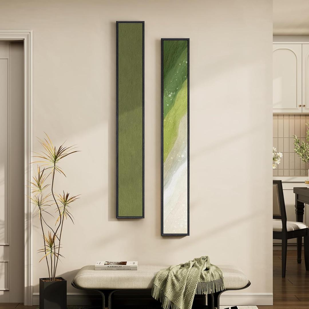 Long Narrow Framed Sage Green Vertical Abstract Wall Art Set, 2 Piece Modern Canvas Prints Paintings Artwork for Walls, Green Minimalist Pictures for Hallway Entryway Living Room Bedroom Wall Decor