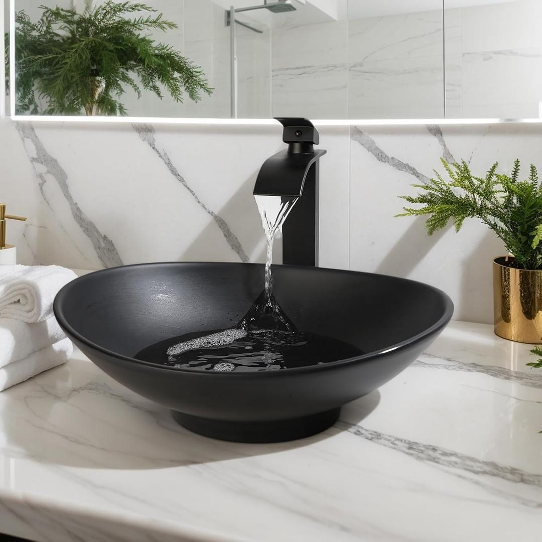16"x12" Bathroom Vessel Sink Bowl, Stone Resin Vessel Sink with Faucet and Drain Combo, Black Oval Modern Above Counter Sink