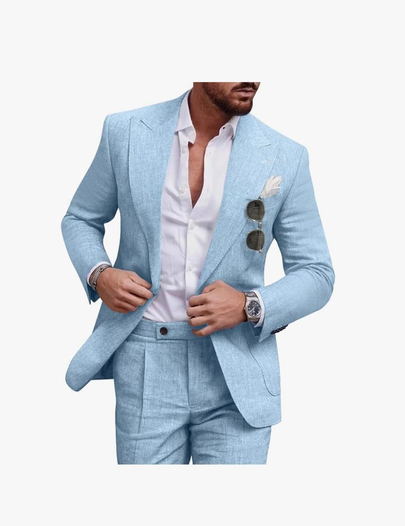 Linen Men Suit Set Casual Tuxedo 2 Piece Regular Fit Blazer One Button Solid Jacket and Pants for Prom Wedding Party, Medium
