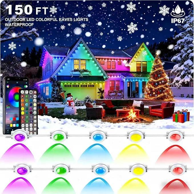 TltZeen Permanent Outdoor Lights 150FT—Smart RGB Eave Lighting with App & Remote Control, IP67 Waterproof for House Exterior, Garden, Holiday, and Party Decor