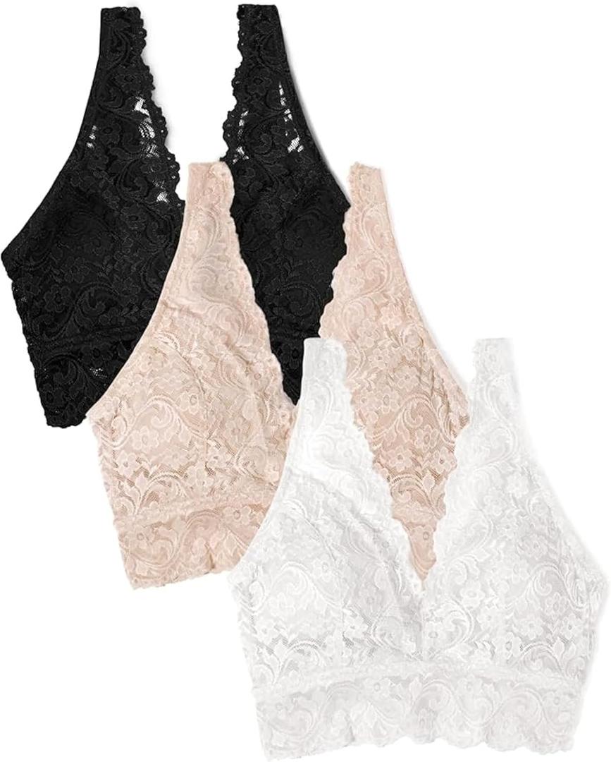 Smart & Sexy Women's Signature Lace Deep V Neck Wireless Bralette, Bralettes for Women with Support, Bralettes and Bralette Pack (Black, XXL)