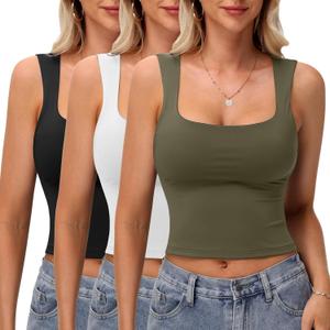 2 Pack Women's Square Neck Tank Tops Double Layer Slim Fit Basic Crop Tank Top Sexy Going Out Tops Camisole (Black, Green)