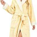 LYCY Womens Hooded Fuzzy Robe, Soft Plush Heart Jacquard Bathrobe, Long Cozy Fluffy Robe with Pockets L/XL