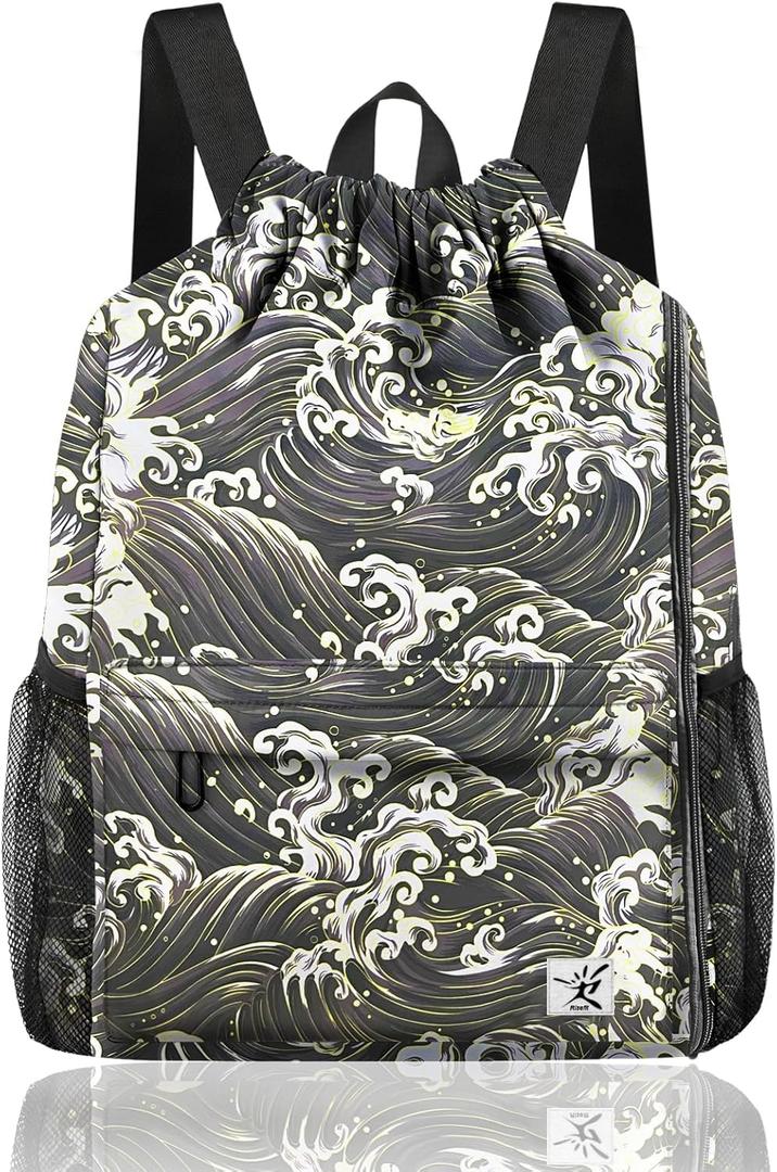 Drawstring Backpack with Mesh Pockets String Gym Bag Sackpack Sandproof Water Resistant Beach Backpack for Men Women (Black Waves)