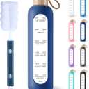 PROBTTL 32 Oz Borosilicate Glass Water Bottle with Time Marker Reminder Quotes, 1 Liter Leak Proof Reusable BPA Free Motivational Water Bottles with Silicone Sleeve and Bamboo Lid (Navy Blue)