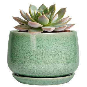 G EPGardening Ceramic Pots for Plants - 6 Inch Plant Pot with Drainage Hole and Saucer, Modern Ceramic Planter for Indoor Outdoor, Round Flower Planter, Gifts for Plants Lovers, Home Decor, Green