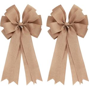2 Pcs 20 x 10 Inch Large Burlap Bows Farmhouse Wreaths Jute Bow for Gift Wrapping Tree Topper Front Door Home Decorations