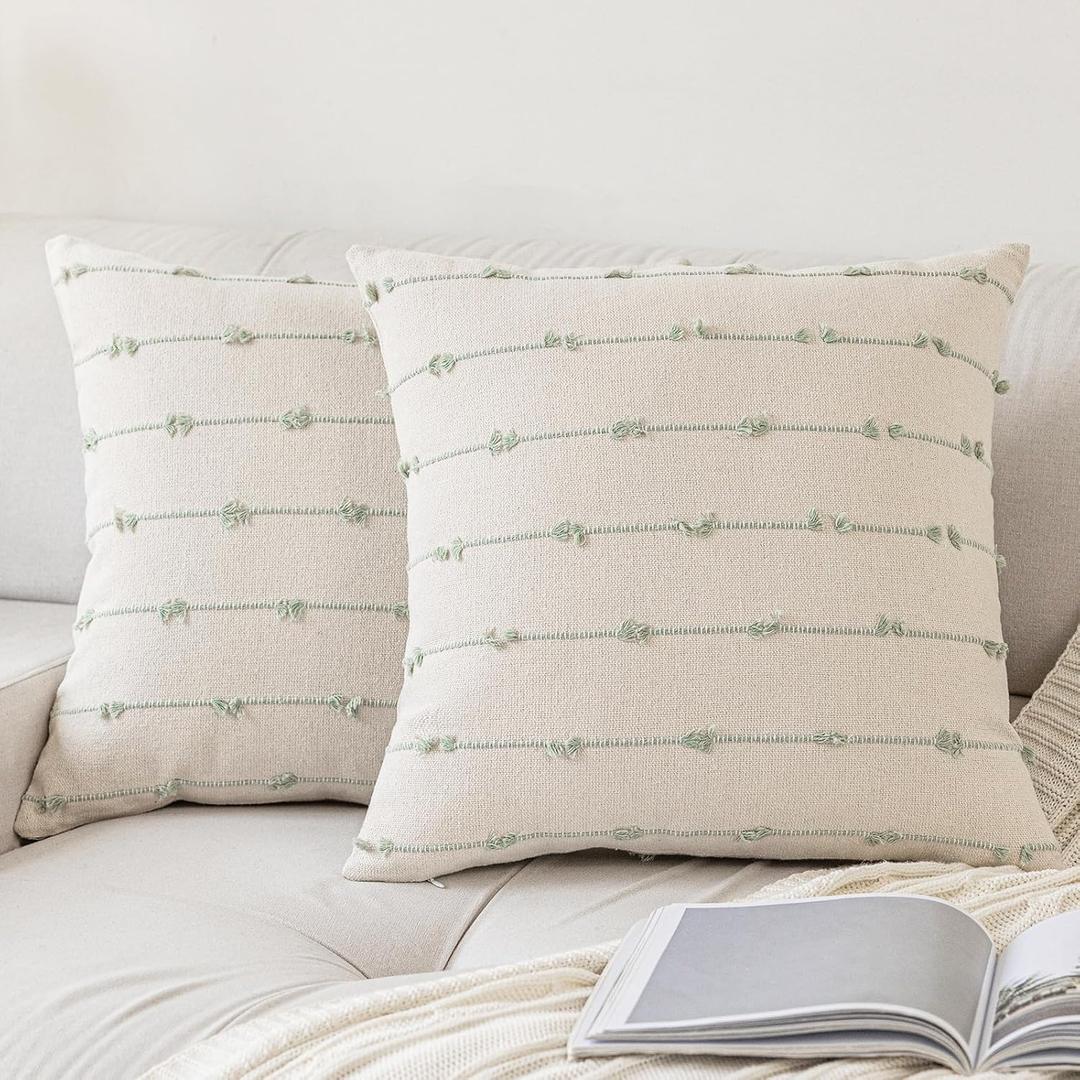 Boho Throw Pillow Covers 18x18 inches Set of 2 Modern Farmhouse Decorative Cushion Case Tufed Square Pillows Cover Neutral Pillow Cases Accent Pillowcase for Sofa, Couch, Bed, Beige and Green