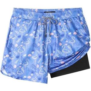 Mens Swim Trunks with Compression Liner, Men Bathing Suit Men's Swimming Trunks 5.5 inch Inseam Lavender Flamingo Board Shorts Swimwear, 4 Way Stretch Beach Shorts Quick Dry with Zipper Pockets Size XL