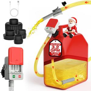 Portable Fuel Transfer Pump with Auto-Stop, 3.2 Gallons per Min, 51" Extra Long Hose, Battery & USB Powered, 4 Can Adapters, Leak-proof Gas Pump for Oil, Diesel and Gasoline
