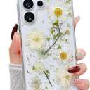 Compatible with Samsung Galaxy S25 Ultra Case Cute Pressed Dried Real Flowers Design Women Girly Shockproof Gliter Bling Floral Clear Phone Cover for Galaxy S25 Ultra (White Flower)