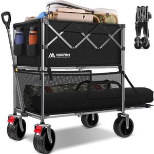 400L Foldable Double Decker Wagon Cart Collapsible with Tailgate 450LBS Heavy Duty Sports Wagon Double Decker All Terrain Big Wheels Beach Wagons for Camping, Fishing & Outdoor Use - Black