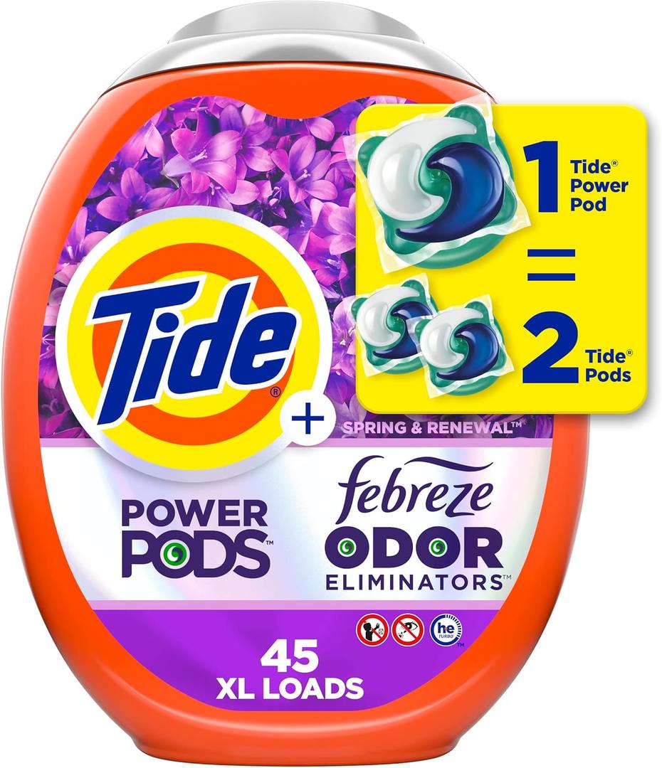 Tide Power Pods with Febreze Laundry Detergent Pacs, 45 Count, Spring & Renewal Scent, All-Day Freshness