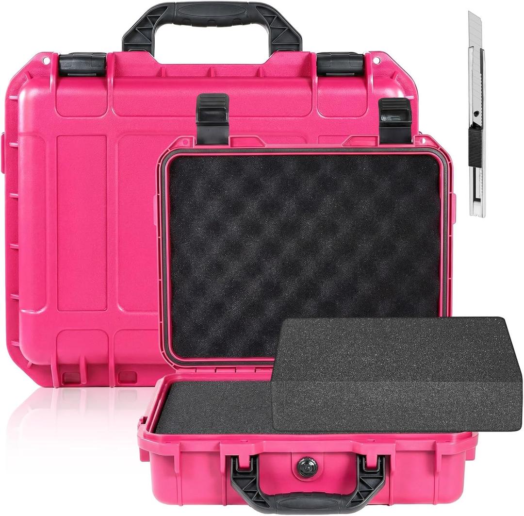 Relaxweex 1 Pcs 11.3 x 8.6 x 4.2 Inch Waterproof Hard Case with DIY Customizable Foam Insert Portable Protective Case with Knife for Camera Drones Equipments Tools Test Instruments(Rose Red)