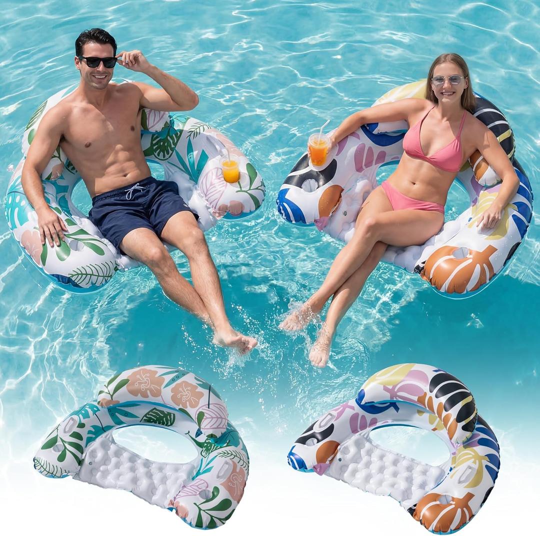 2 Pack Pool Floats Adult, OKSUWATER Pool Floaties with Two Cup Holders & Handles, Inflatable Pool Floats Chairs, Lake Floats Applies to Swimming Pool Party Summer Lake Water Fun-Multicolor
