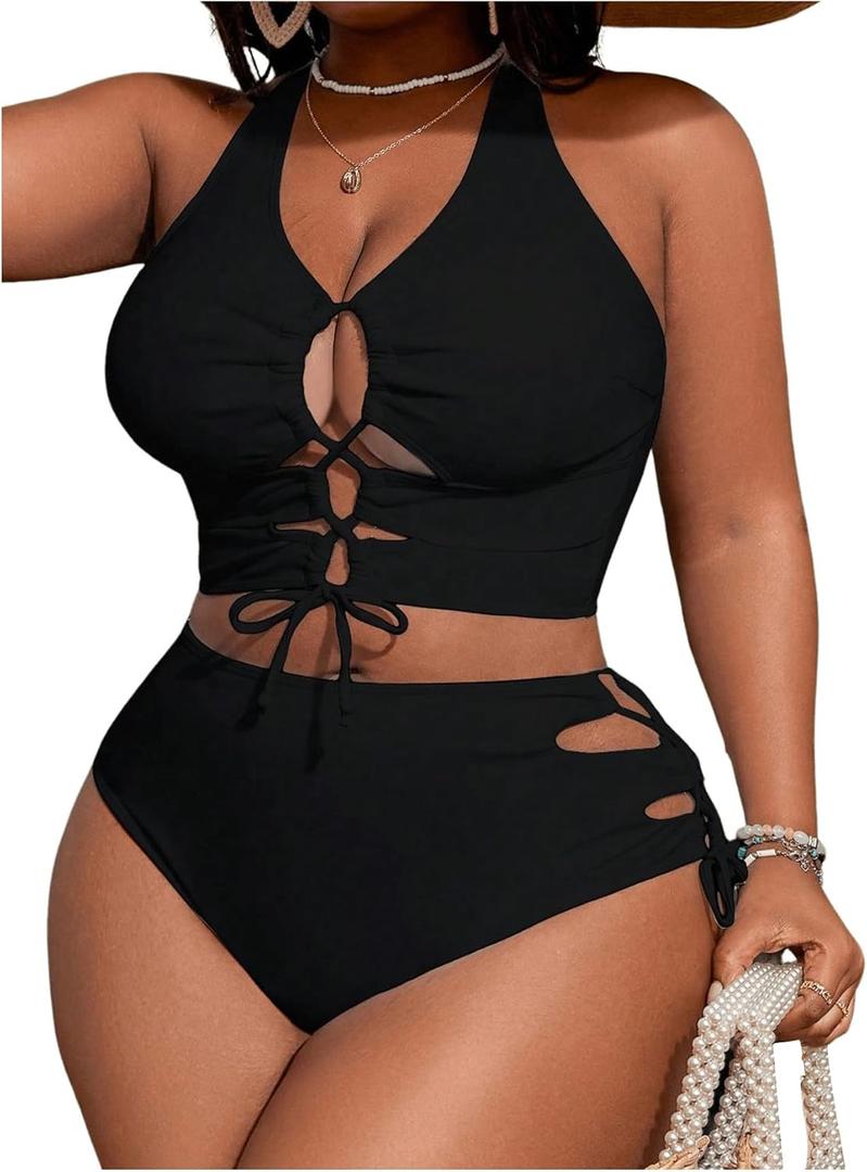 SOLY HUX Women's Plus Size Bikini Set Sexy Swimsuit Lace Up Tummy Control 2 Piece Bathing Suit (Black, XXL)