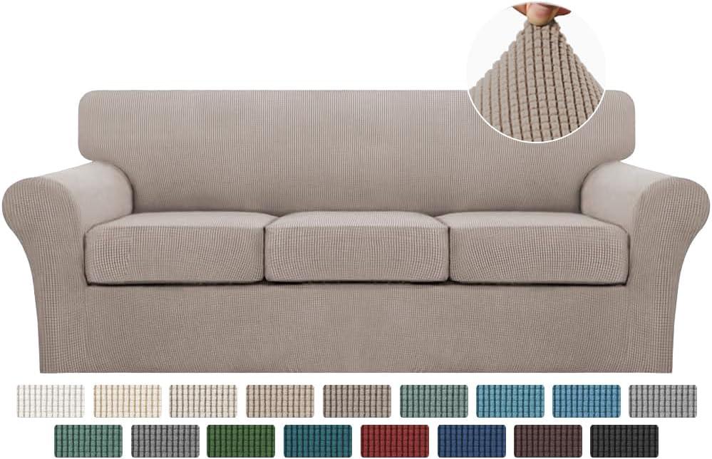 Turquoize 4 Piece Sofa Slipcover Sofa Covers for 3 Cushion Couch Soft Couch Cover for Dogs-Washable Sofa Furniture Covers with 3 Individual Cushion Covers,Feature Jacquard Fabric(3 Cushion Sofa, Sand)