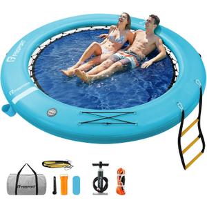 FBSPORT Inflatable Water Hammock Round Floating Ring, 10ft Inflatable Dock Floating Platform for Lake W/Cupholder, Sun Float Chill Raft Float Ring Tanning Pool Lounger Island Platform Pad, Blue, Water Hammock (10' Circle)