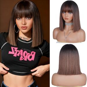 Elvirgel Bob Wigs with Bangs for Black Women Natural Looking Ombre Brown Wig Shoulder-Length Synthetic Heat Resistant Wigs for Daily Party Costume Halloween