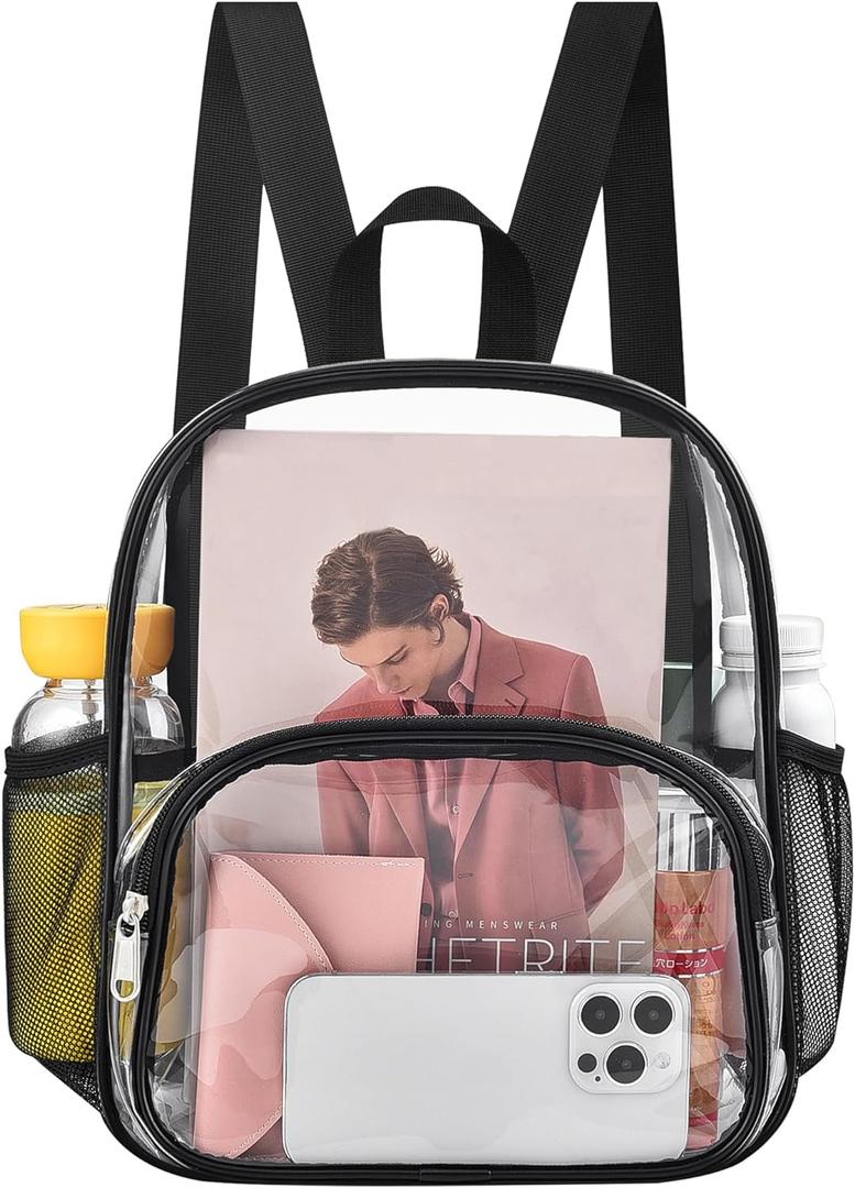 Clear Backpack for Stadium Events Clear Backpack 12x12x6 with Front Pocket for Concert Sport Fashion Women Backpack Events Work Travel (Black)